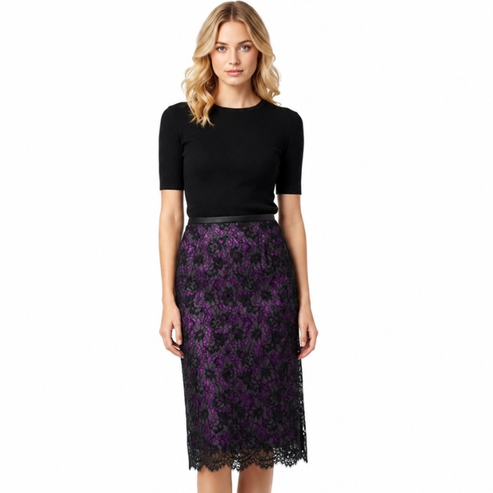 ESCADA Margaretha Ley Black Floral Lace Overlay Purple Lining Silk Skirt